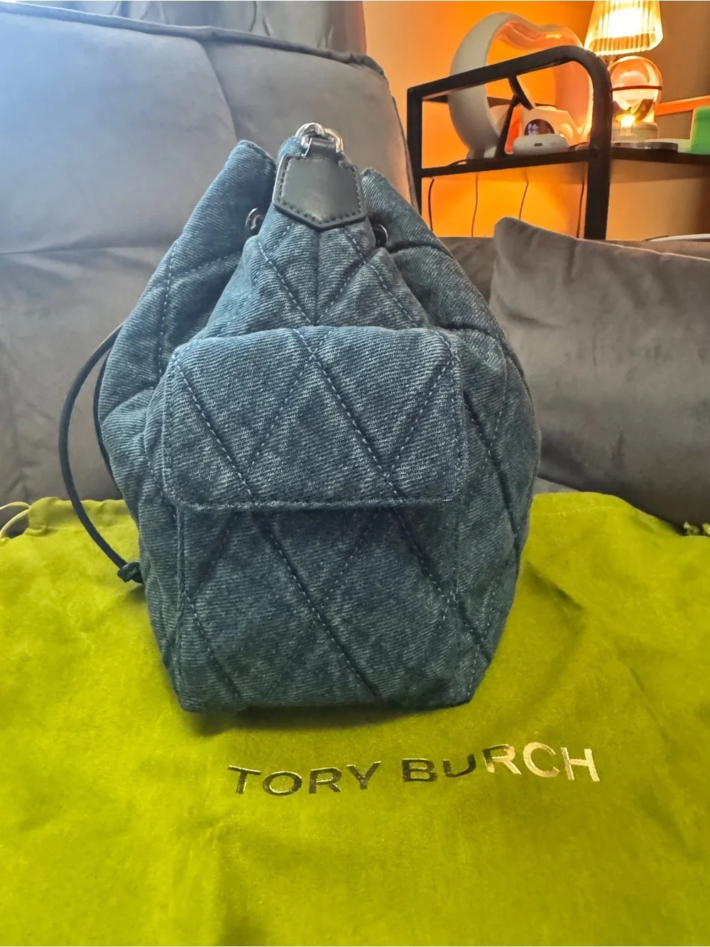Tory Burch Quilted Charlie Denim Drawstring Bucket Bag - Picture 4 of 8